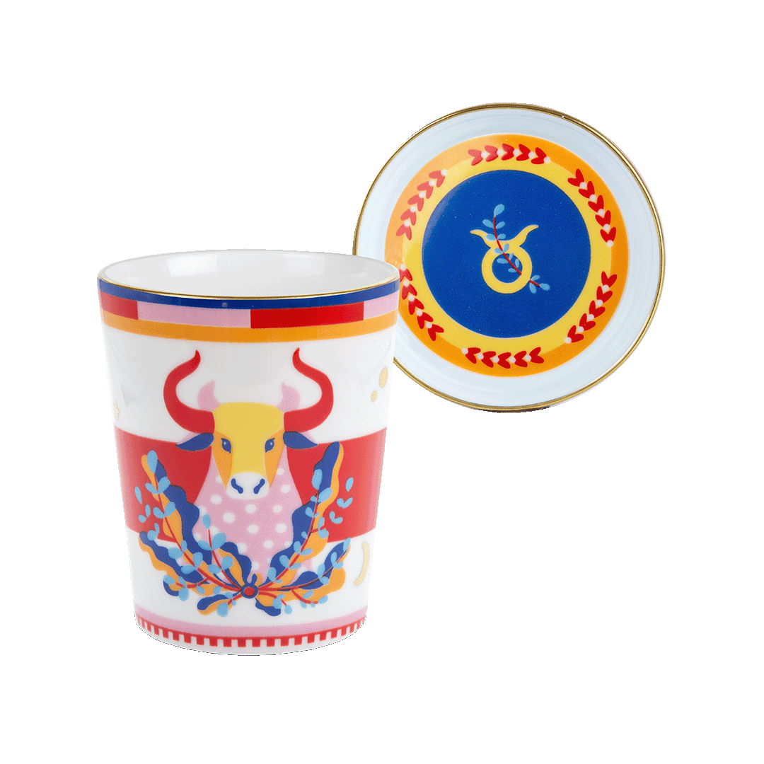 ספל עם מכסה/צלחת במגוון סמלי גלגל המזלות - שור