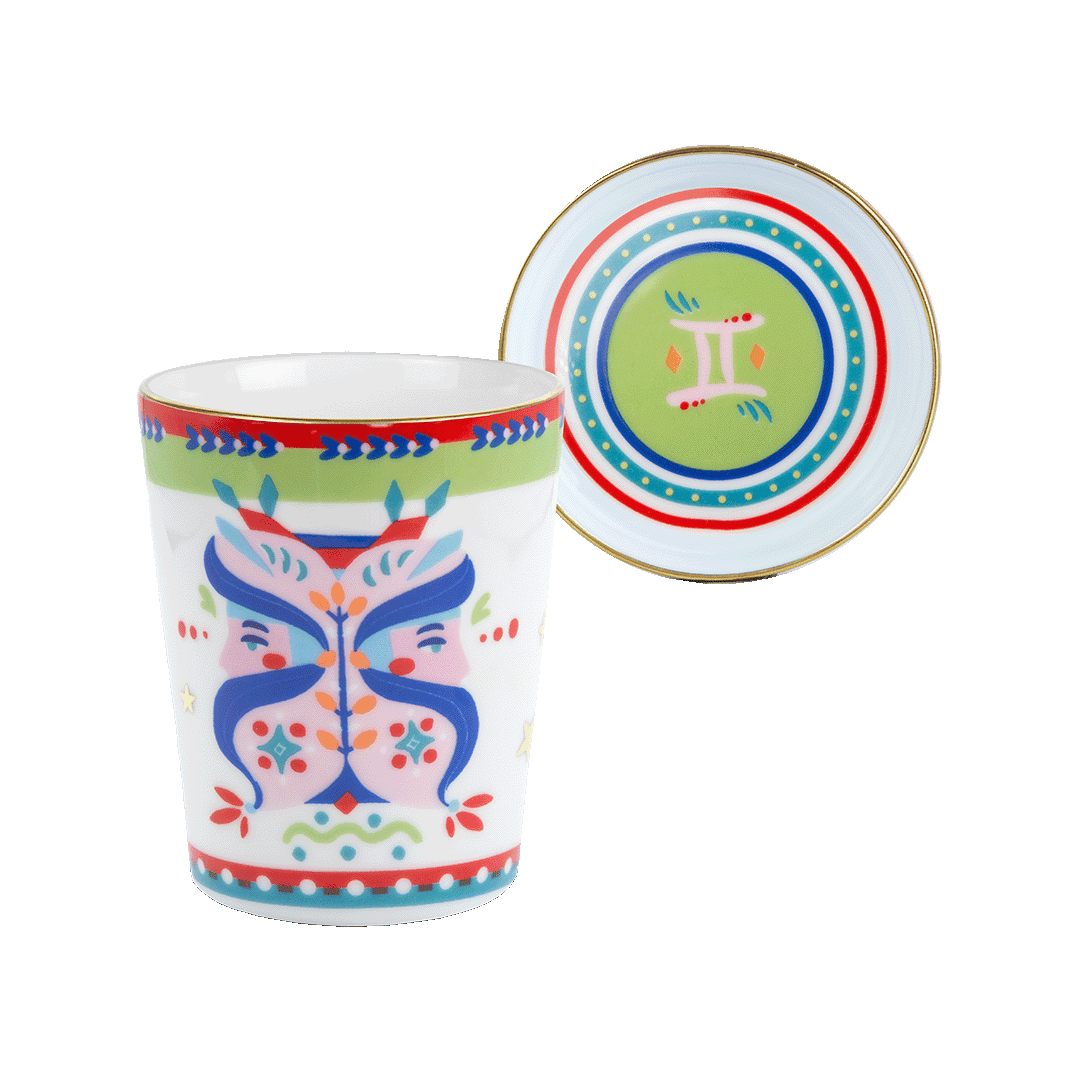 ספל עם מכסה/צלחת במגוון סמלי גלגל המזלות - תאומים