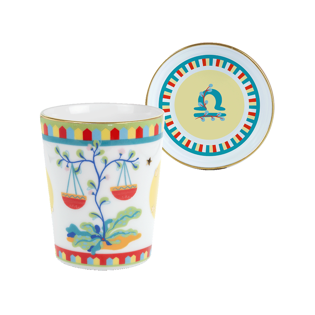 ספל עם מכסה/צלחת במגוון סמלי גלגל המזלות - מאזניים