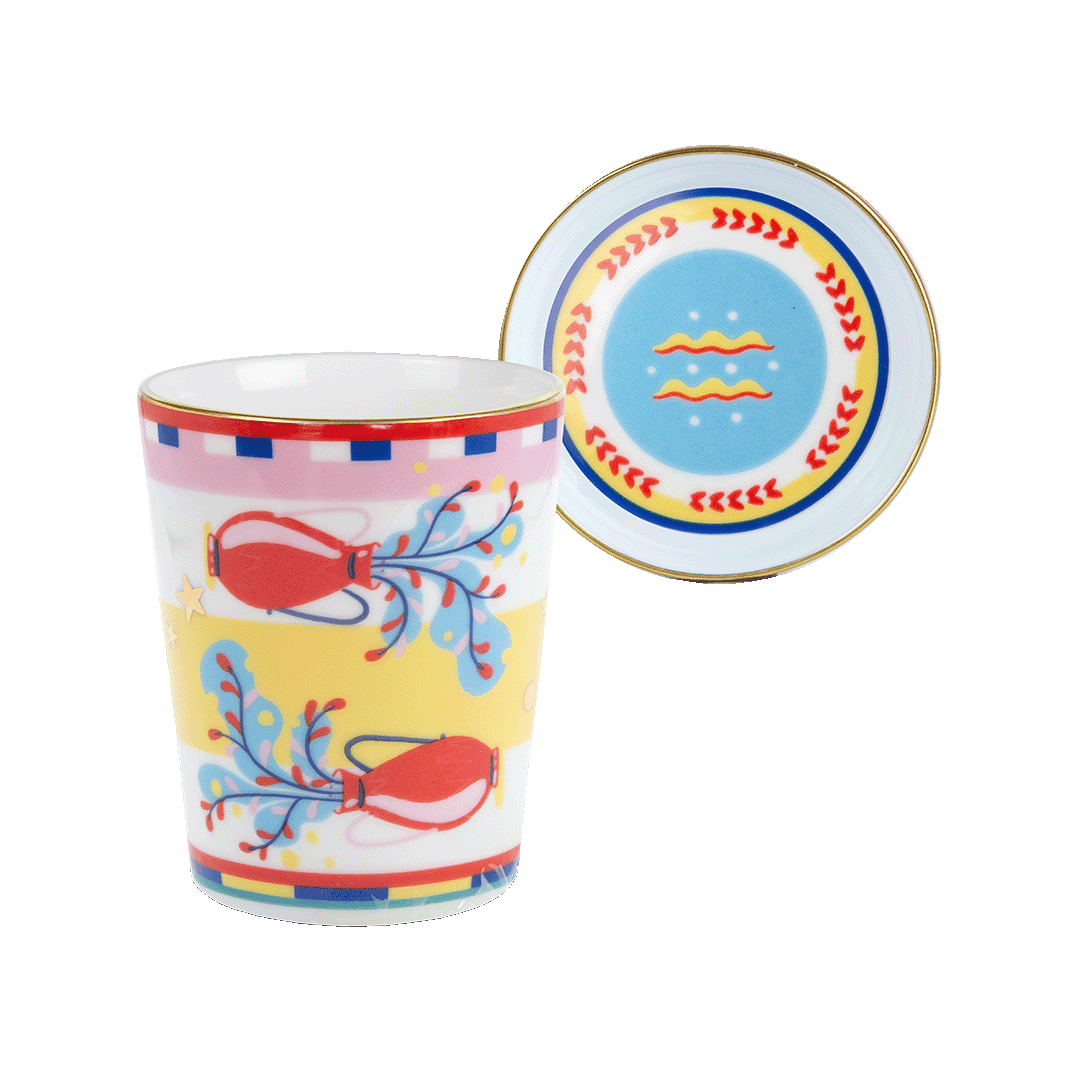 ספל עם מכסה/צלחת במגוון סמלי גלגל המזלות - דלי