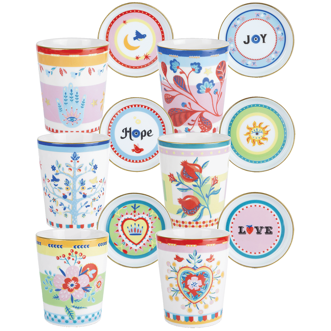 סט 6 ספלים עם מכסים/צלוחיות