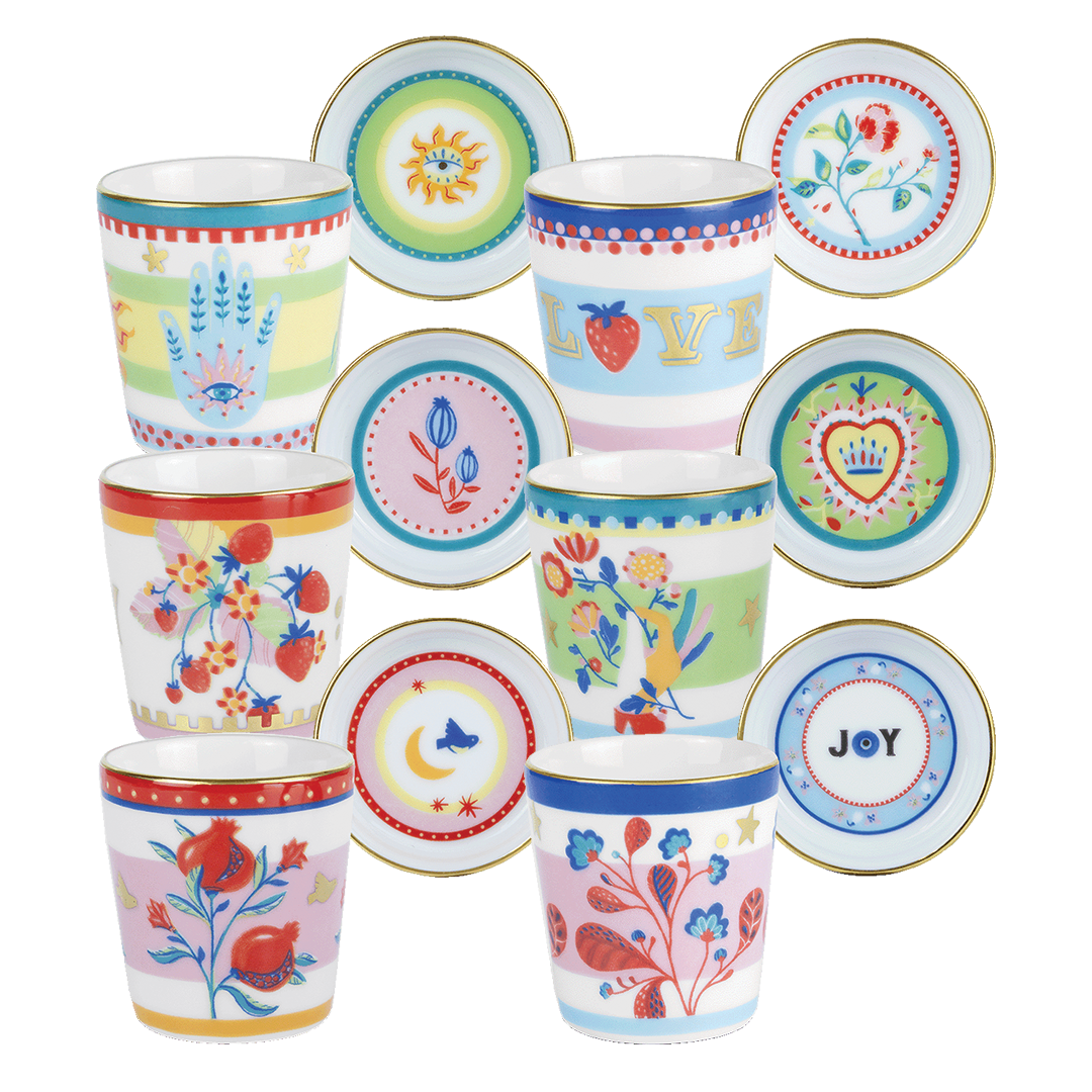 סט 6 ספלי אספרסו עם מכסים/צלוחיות - Mamma Mia