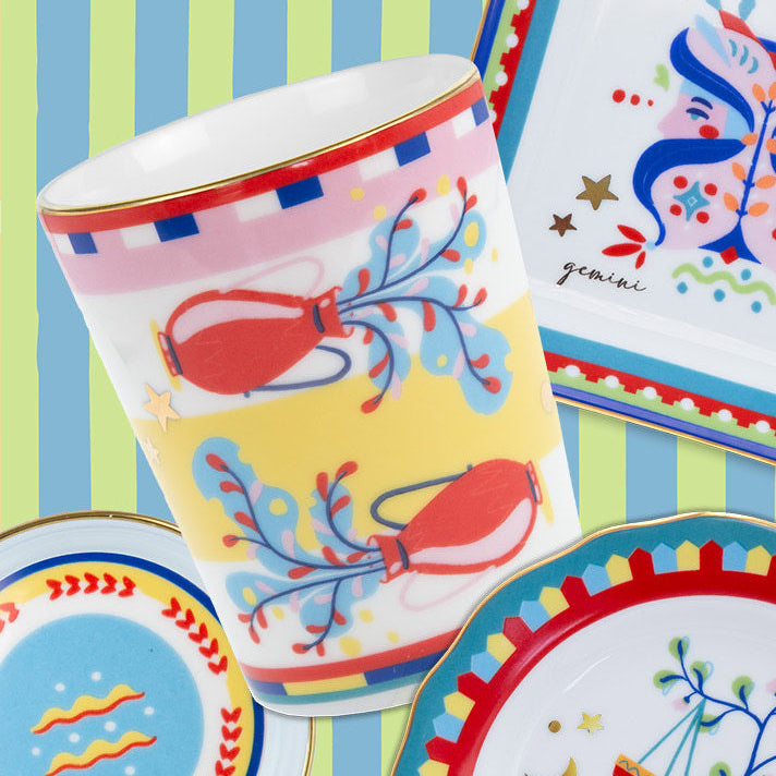 ספל עם מכסה/צלחת במגוון סמלי גלגל המזלות - דלי