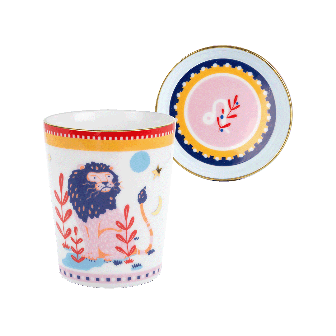 ספל עם מכסה/צלחת במגוון סמלי גלגל המזלות - אריה