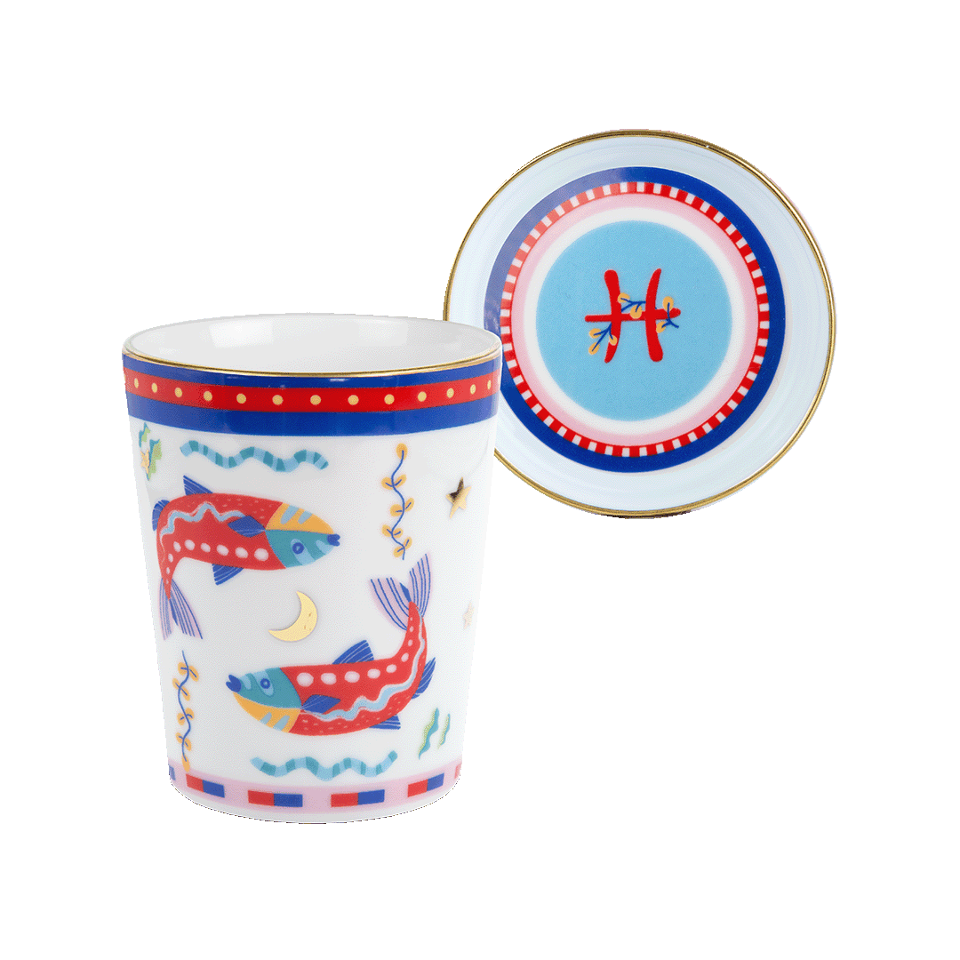 ספל עם מכסה/צלחת במגוון סמלי גלגל המזלות - דגים