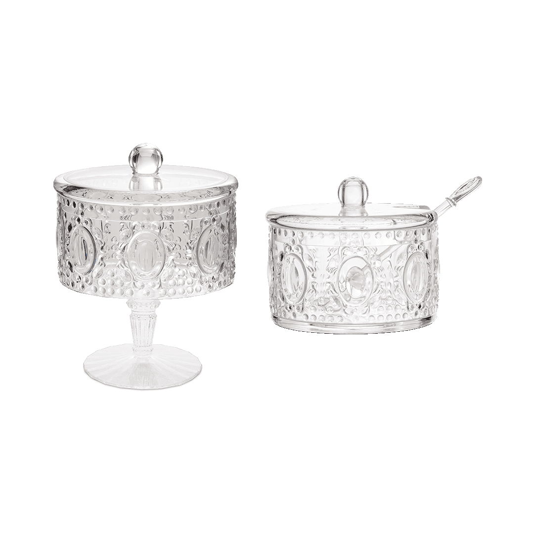 סט 2 כלי אחסון על רגל עם מכסה וכפית